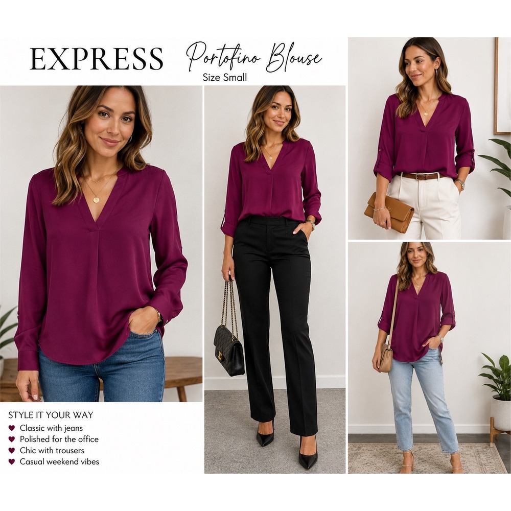 Express Portofino Blouse Womens S Magenta Purple V Neck Roll Tab Career Top